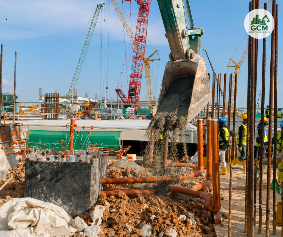 Excavator Deployment at Data Centre Site, Iskandar Puteri — What Complex Sites Demand green city machinery excavator bucket + dense urban construction site with steel rebar