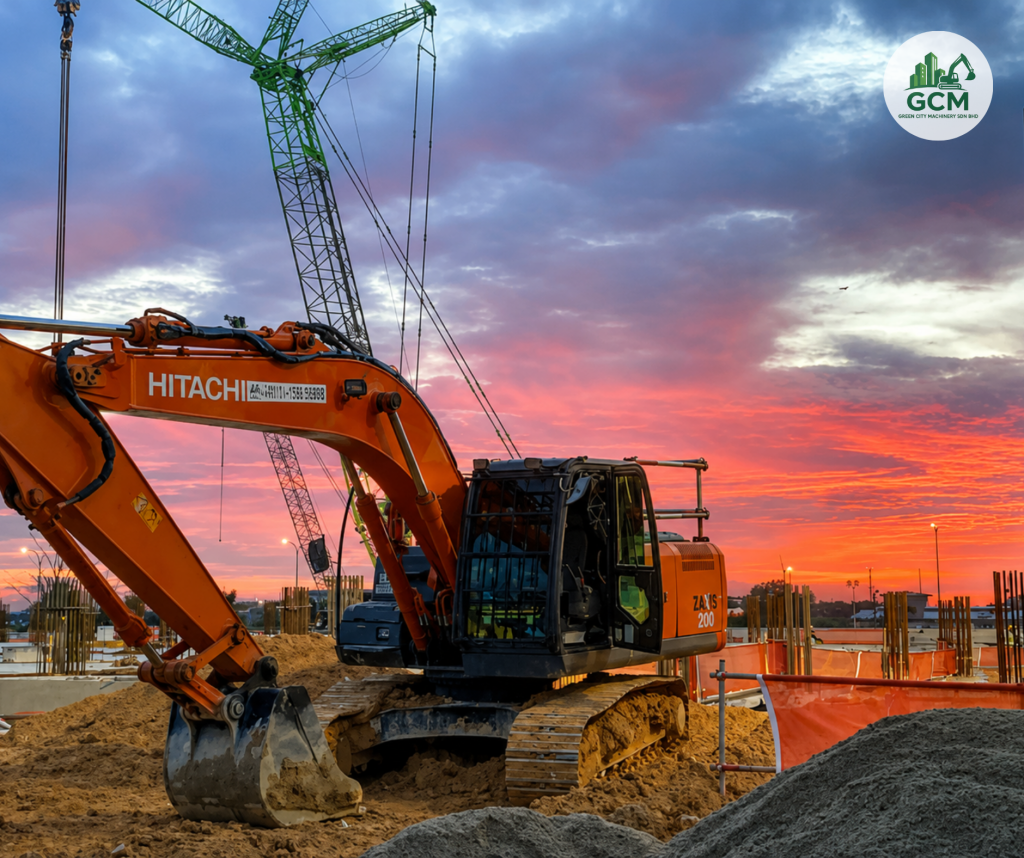 GCM excavator cooling down before night shift at Iskandar Puteri data centre project