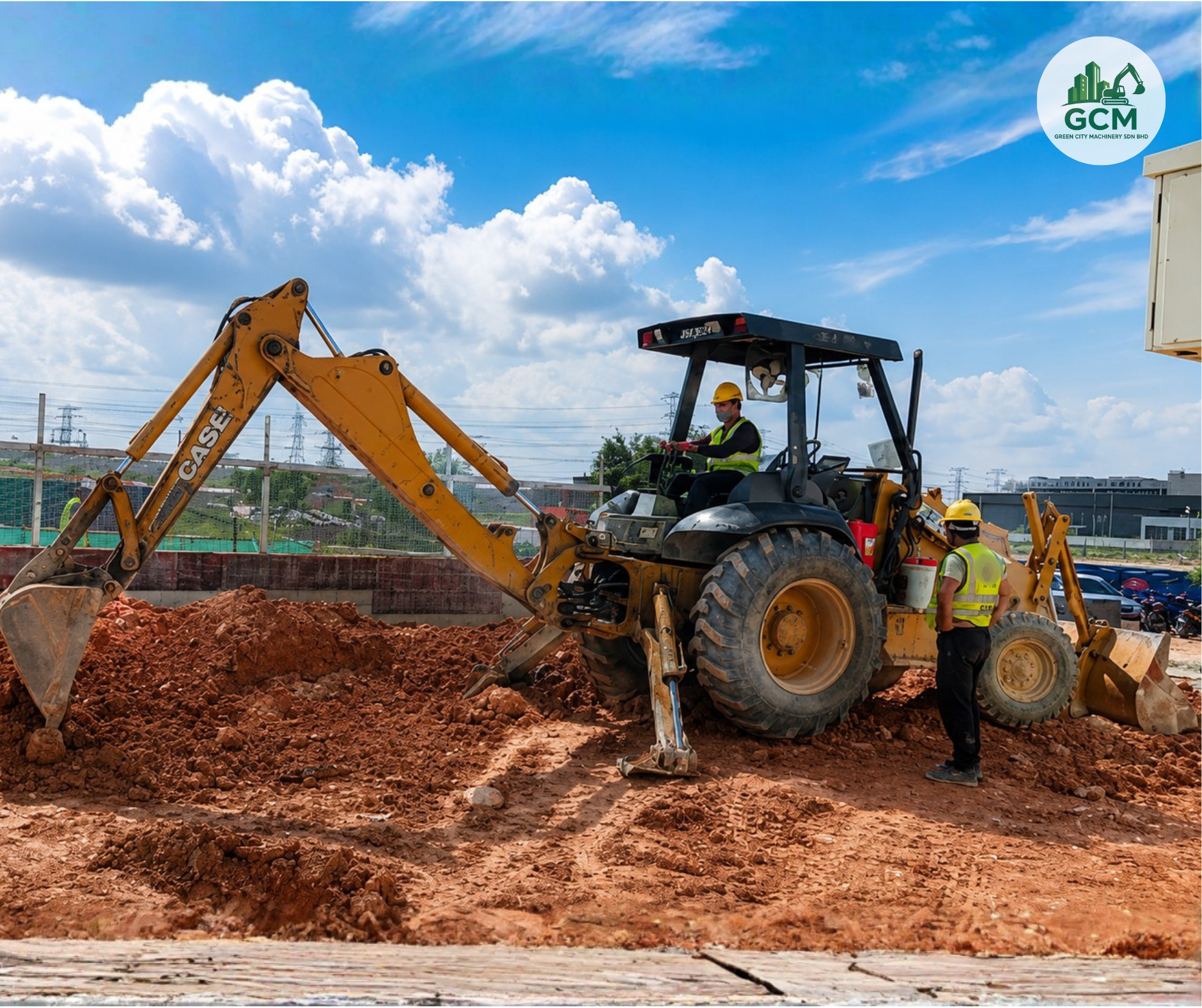 Data Centre Backhoe Works — 2km Sewerage Pipe Excavation at SILC, Iskandar Puteri GCM backhoe working on an active data centre site at Sedenak Tech Park
