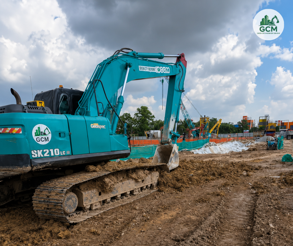Kobelco SK210 Deployed for Data Centre Earthwork in Gelang Patah green city machinery kobelco sk210 on open earthwork site