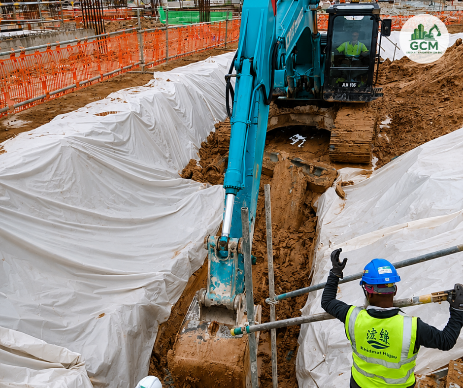 Deep Excavation at Iskandar Puteri Data Centre — What "Fully Manned" Means on a Live Site green city machinery(gcm) deep trench excavation with worker supervising