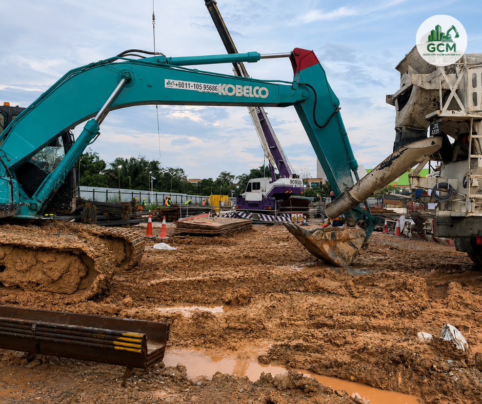 Beyond Digging — How Excavators Support Pipe Infrastructure at Data Centre Sites, Iskandar Puteri green city machinery(gcm) kobelco excavator at foundation pile cap works