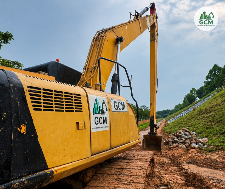 Close-up of GCM long arm excavator working a roadside slope and drain line in Johor Bahru