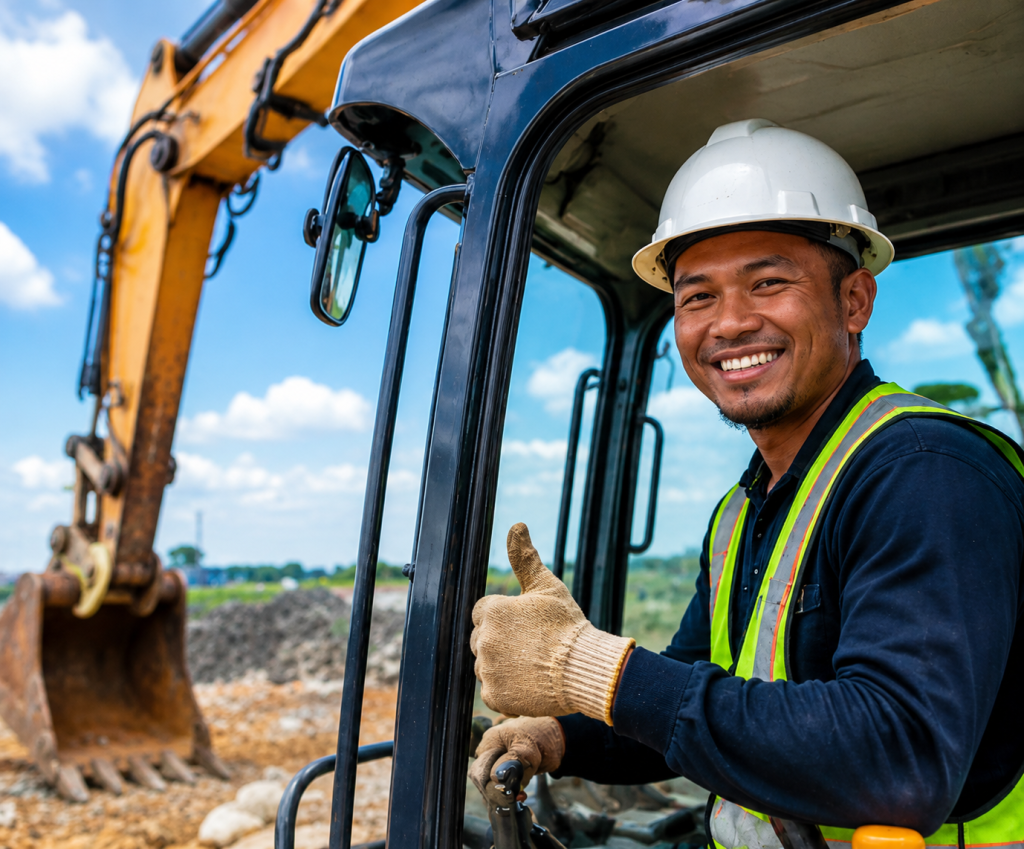 Green City Machinery excavator operator giving a thumbs up on a Johor construction site — now hiring