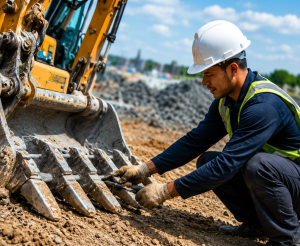 Green City Machinery crew inspecting an excavator bucket on a Johor earthwork site