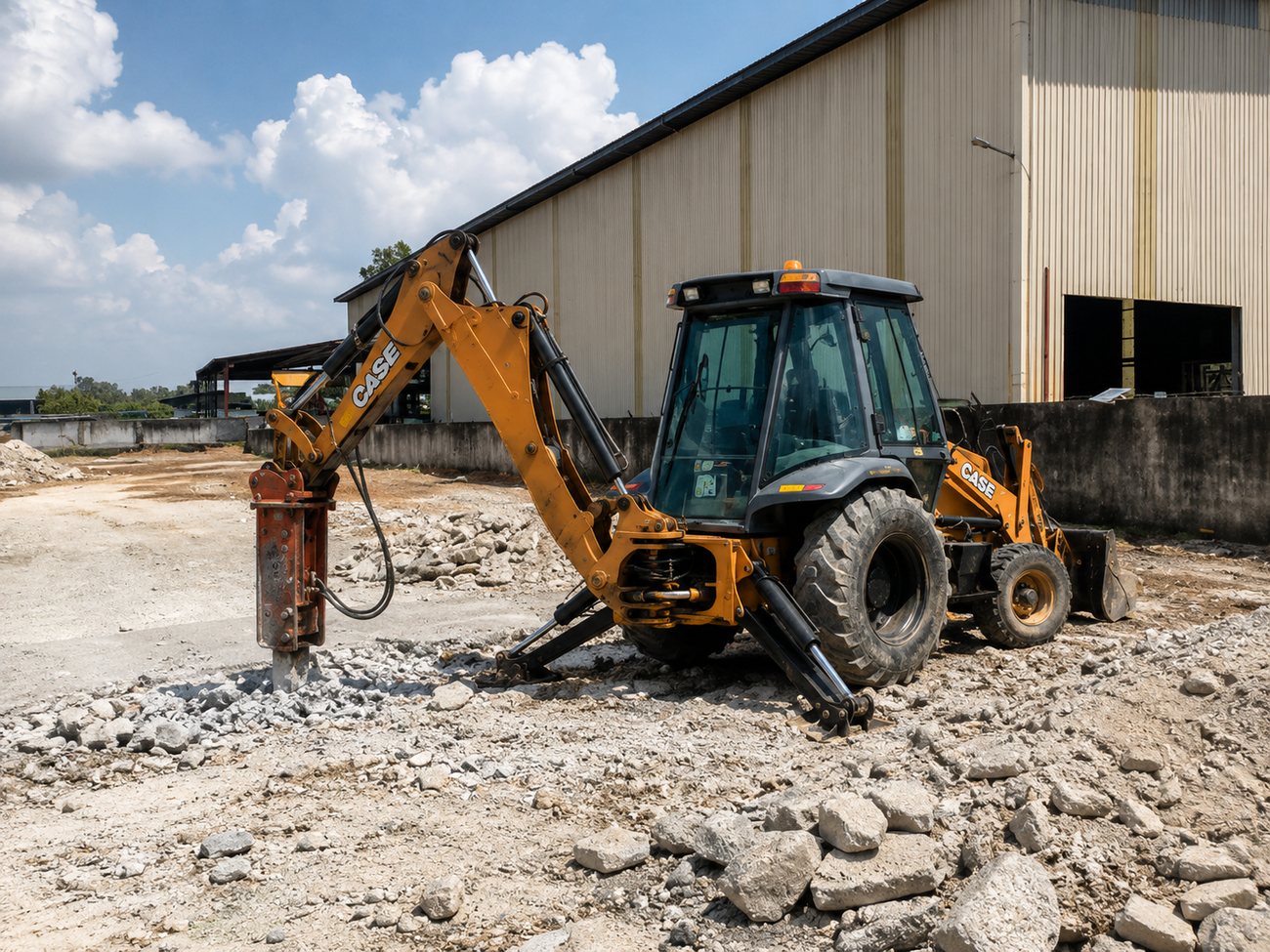 Backhoe fitted with a hydraulic rock breaker breaking concrete in Johor Bahru