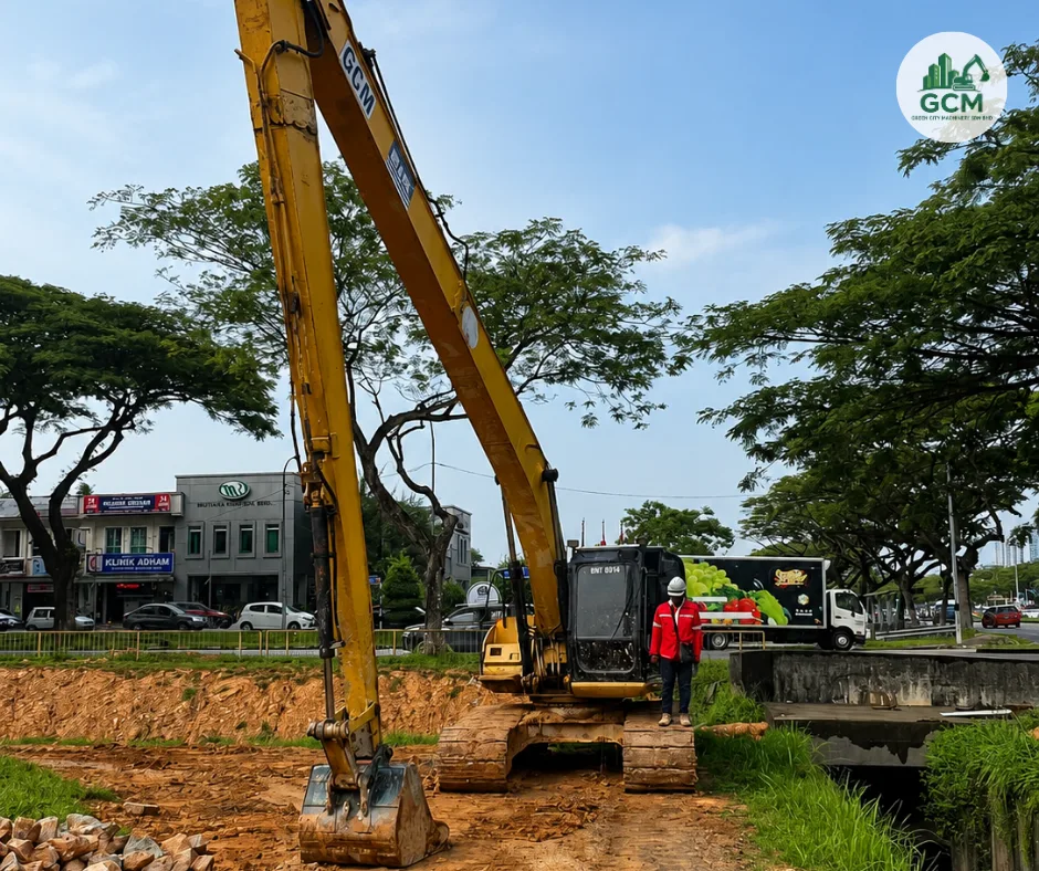 GCM long arm excavator with operator in full PPE on a drainage job in Johor Bahru
