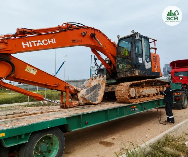 GCM short tail excavator loaded for demobilisation from a data centre site at Sedenak Tech Park, Kulai