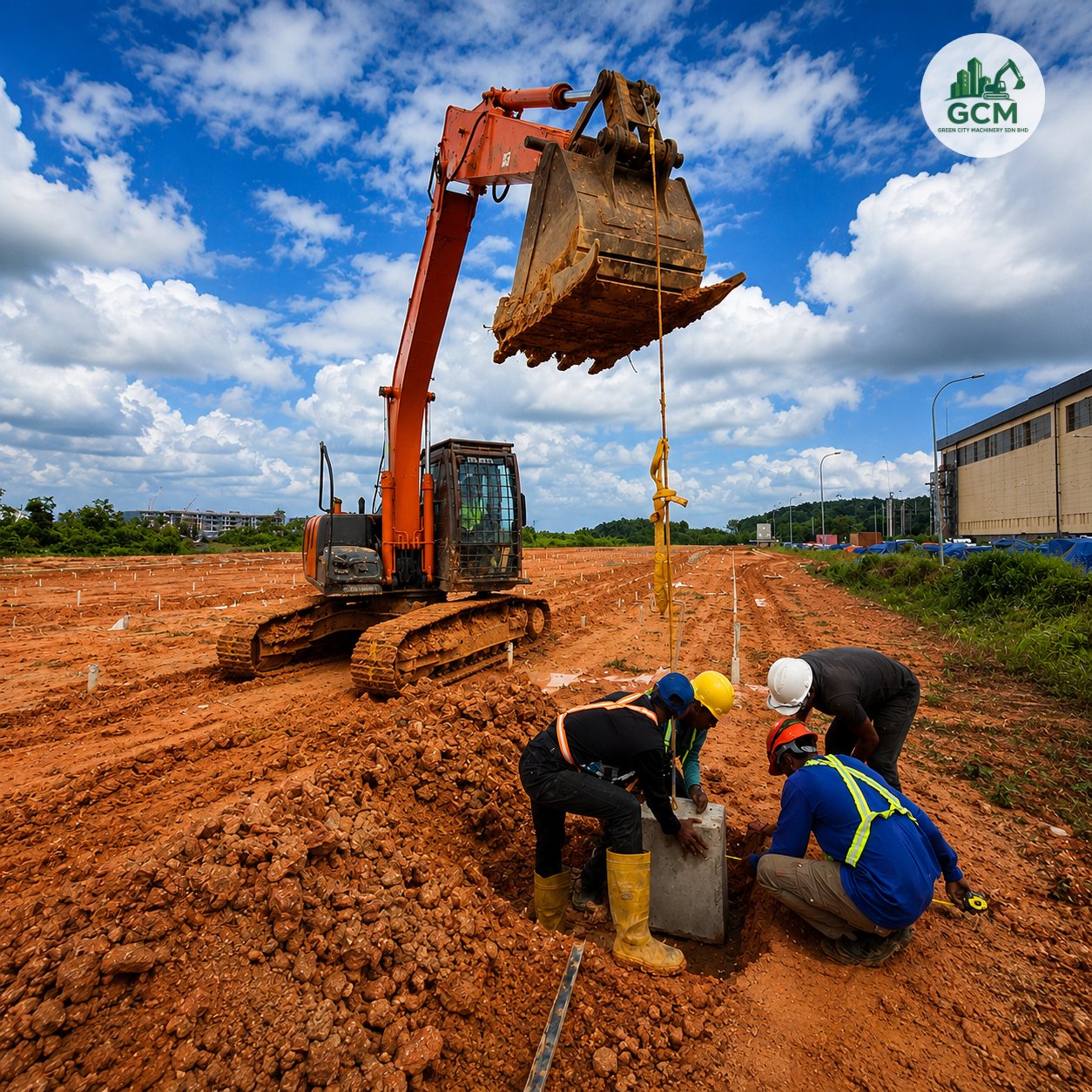 3-Ton Mini and 12-Ton Excavator Rental for Solar Footing Works at Tanjung Langsat 12-ton excavator lifting a concrete footing into position while site workers align it on a solar installation site at Tanjung Langsat, Johor