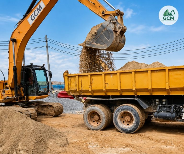 Excavator loading spoil into a GCM lorry tipper for muck away in Iskandar Puteri, Johor