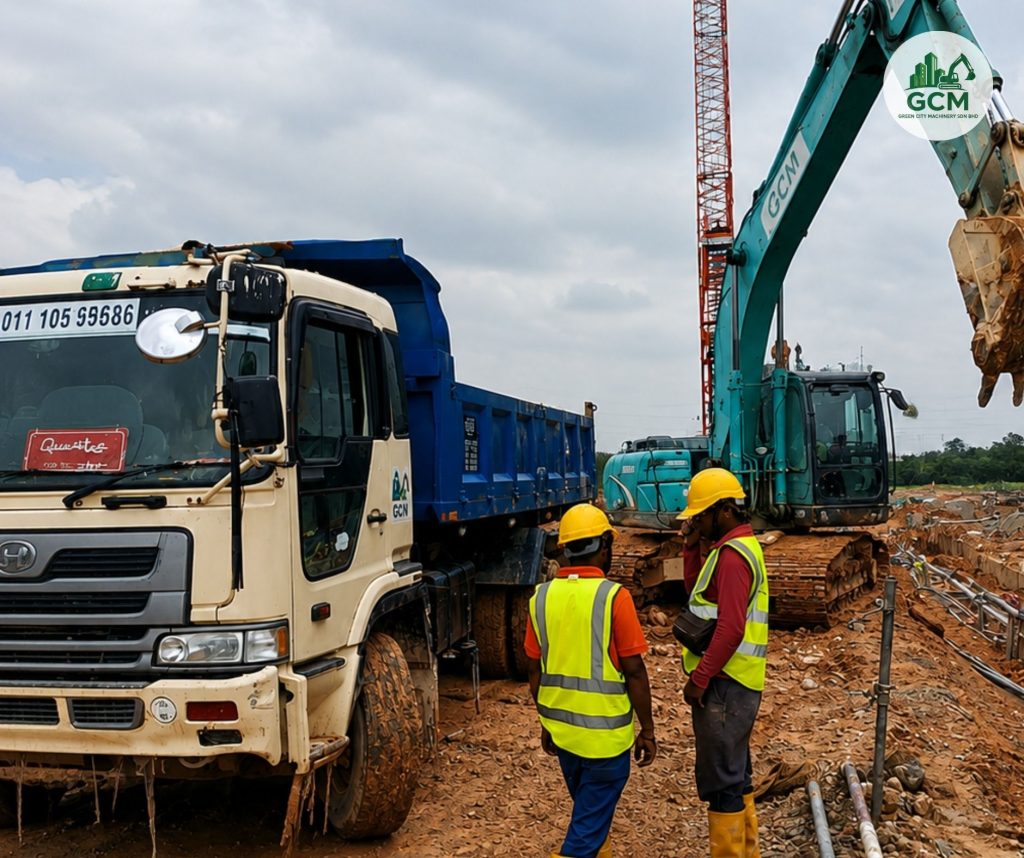 Excavator and Lorry Tipper on a Gelang Patah / Medini Data Centre Site Excavator, lorry tipper and crew in full PPE on a data centre site at Gelang Patah / Medini — Green City Machinery