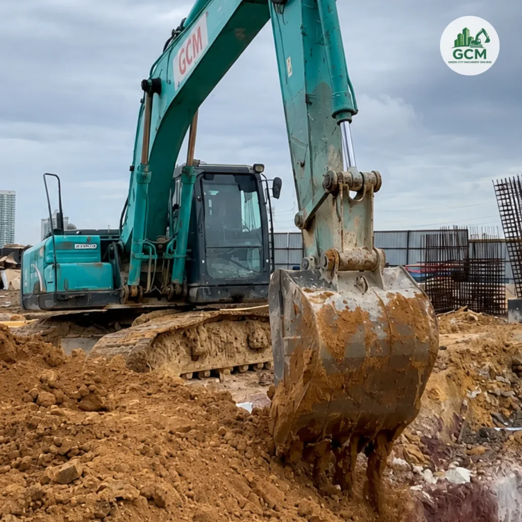 20-Ton Excavator Rental for Service Pipeline Works on a Data Centre Site in Iskandar Puteri Kobelco 20-ton excavator digging a service pipeline trench on a data centre site in Iskandar Puteri
