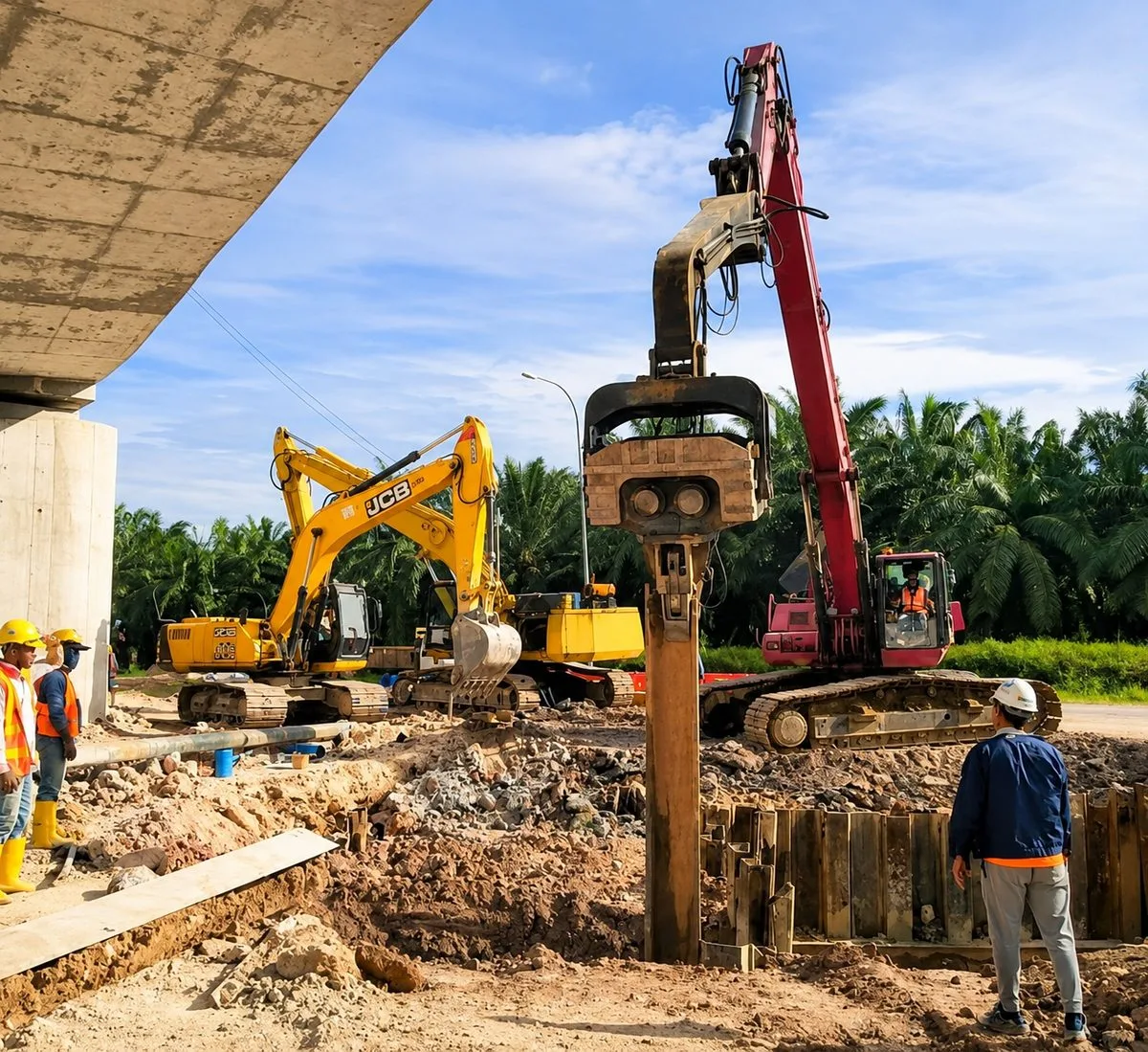 Projects 40-ton excavator driving sheet piles for a jacking pit beside a railway viaduct