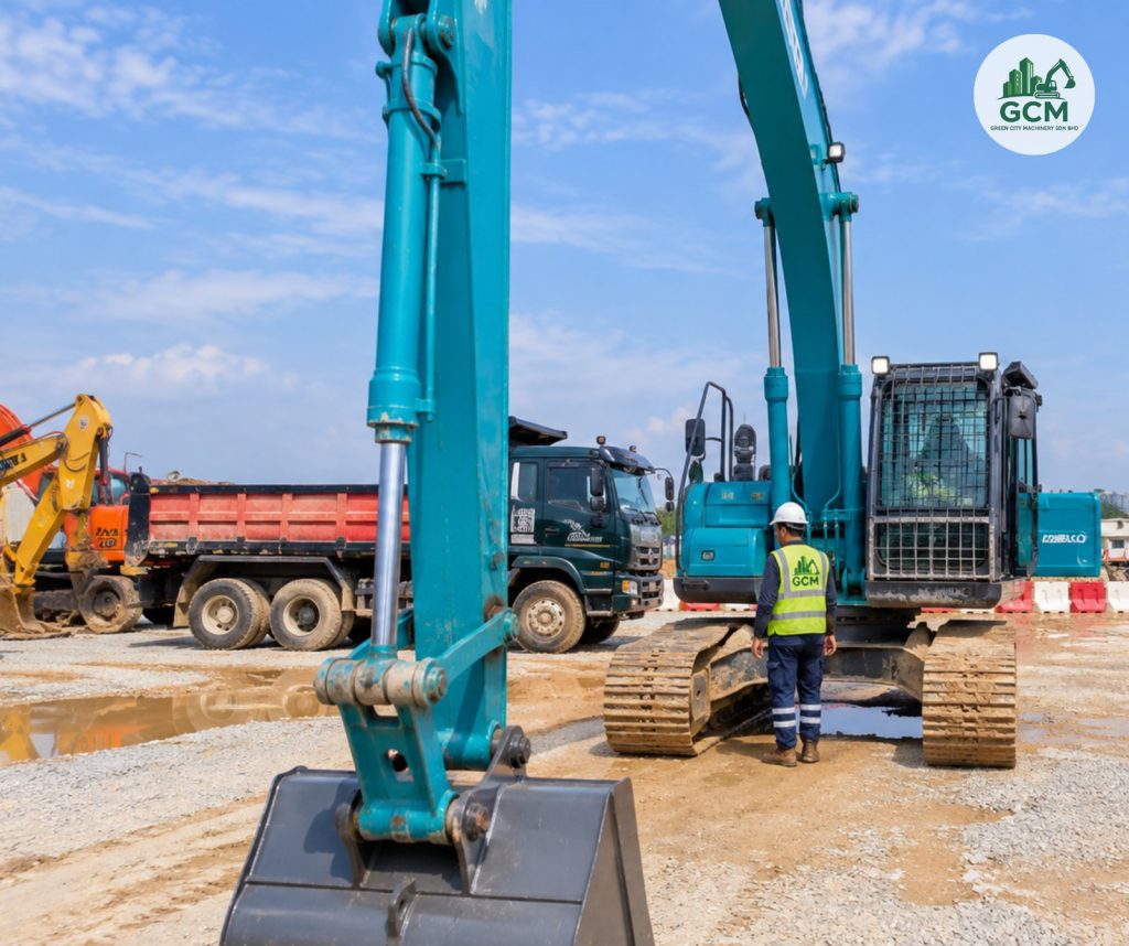 The Daily Pre-Start Inspection: What Should Happen Before a Hired Machine Turns a Wheel Site crew carrying out a daily pre-start machine inspection at a data centre project site in Kulai, Johor
