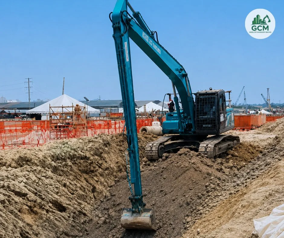 Long arm excavator reaching the bottom of a deep excavation at Sedenak Tech Park, Kulai