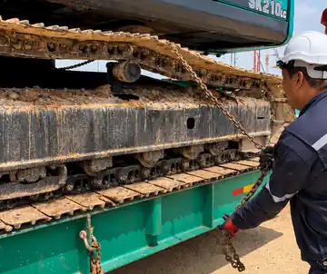 Excavator track chained and strapped down on a Green City Machinery low loader before transport in Johor
