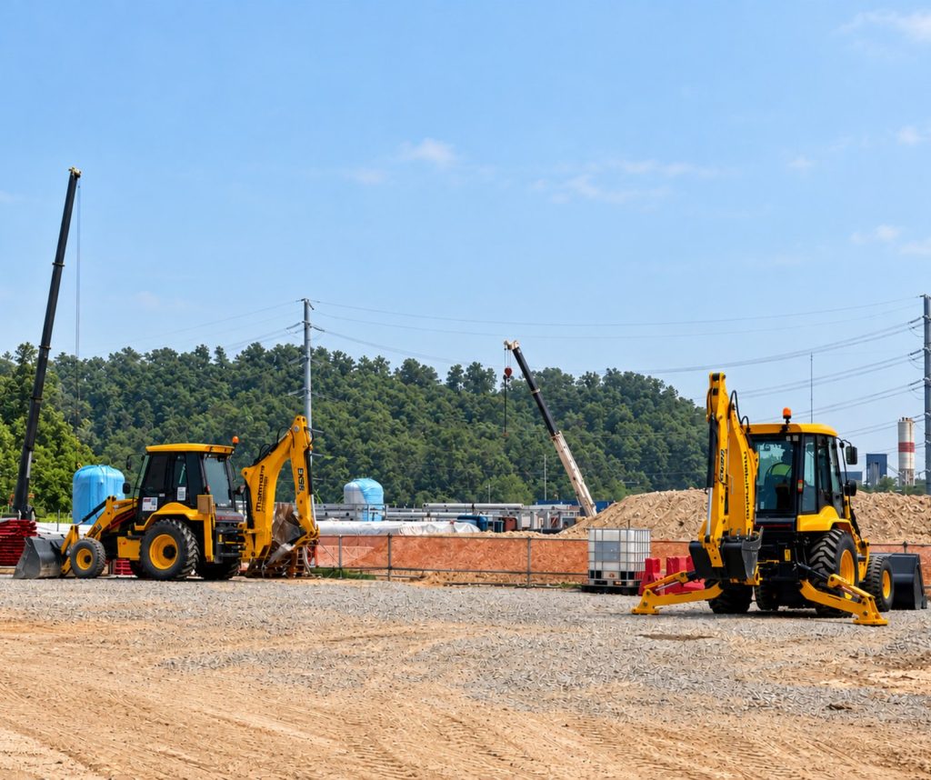 Adding a Second Machine Mid-Project: What to Check Before You Call a New Supplier Two backhoes from the same fleet working a platform at a data centre project site in Gelang Patah, Johor