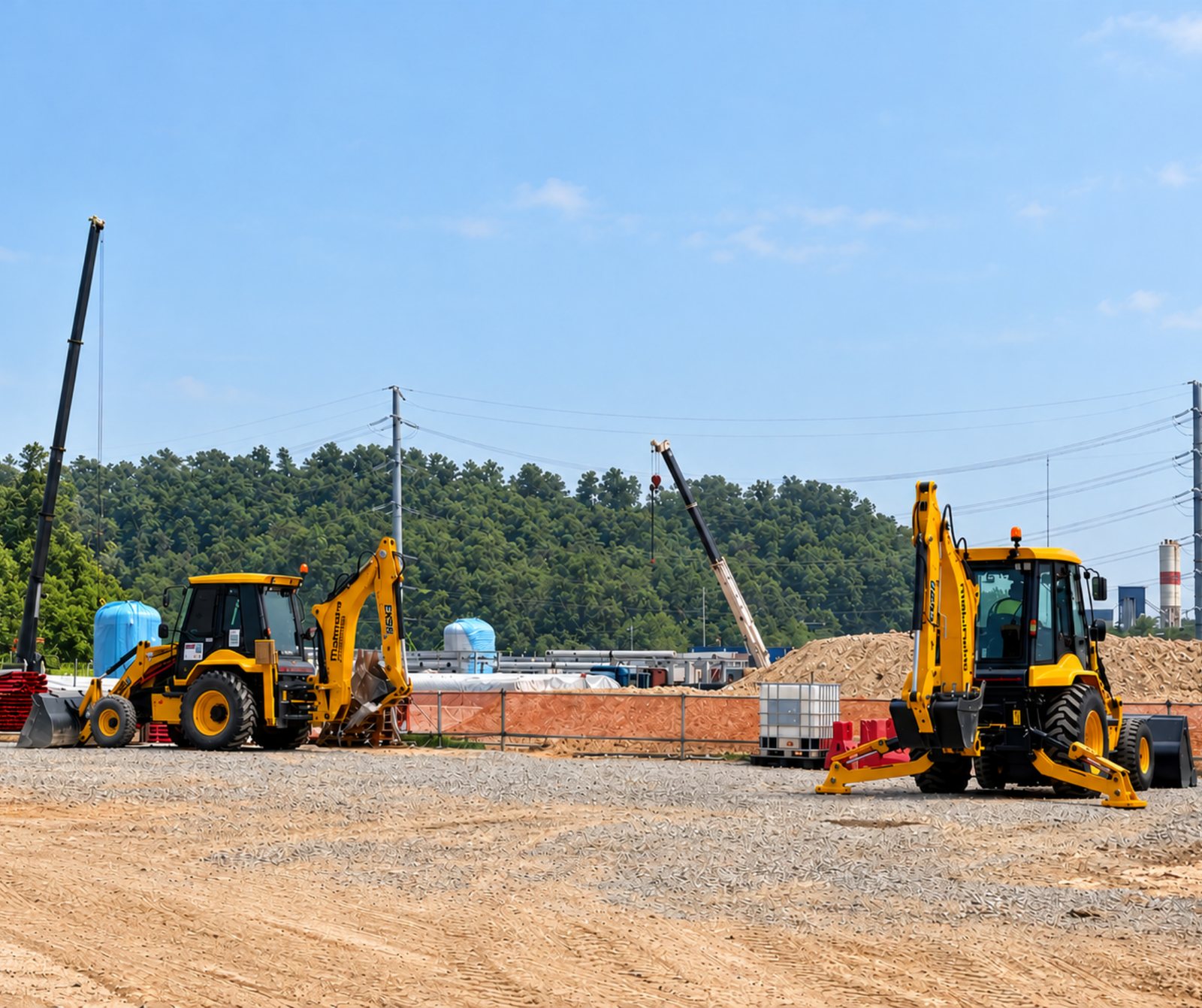 Services Two Green City Machinery backhoe loaders working together on a data centre site in Gelang Patah, Johor