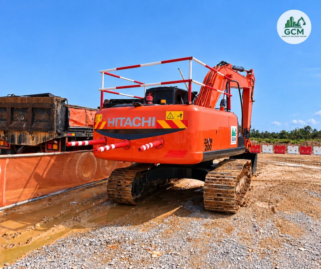 Excavator Safety Fittings on Johor Sites: What Should Already Be on the Machine When It Arrives 20-ton Hitachi excavator with upper deck handrail, fire extinguisher and beacon at a data centre project site in Iskandar Puteri, Johor